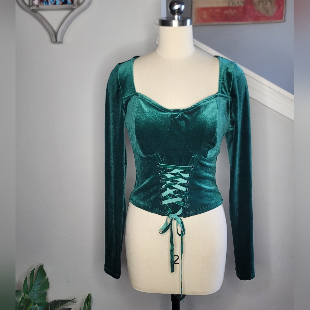 Thorn & Fable Velour Corset Top Lace Up Fairycore Green Size Small - Picture 2 of 8